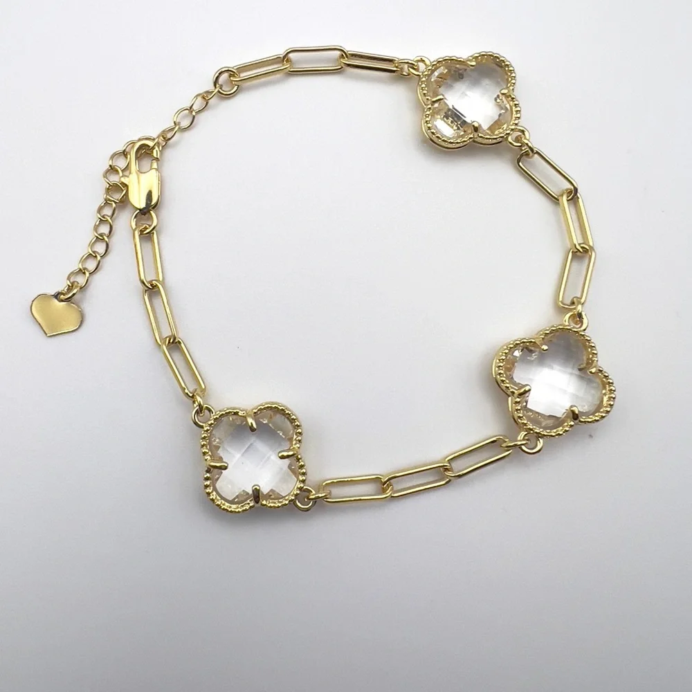 18k gold filled Elegant Gold Bracelet with Clear clover Accents